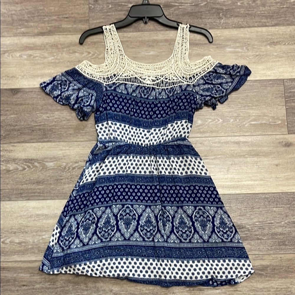 Blue and White Patterned Off-Shoulder Dress